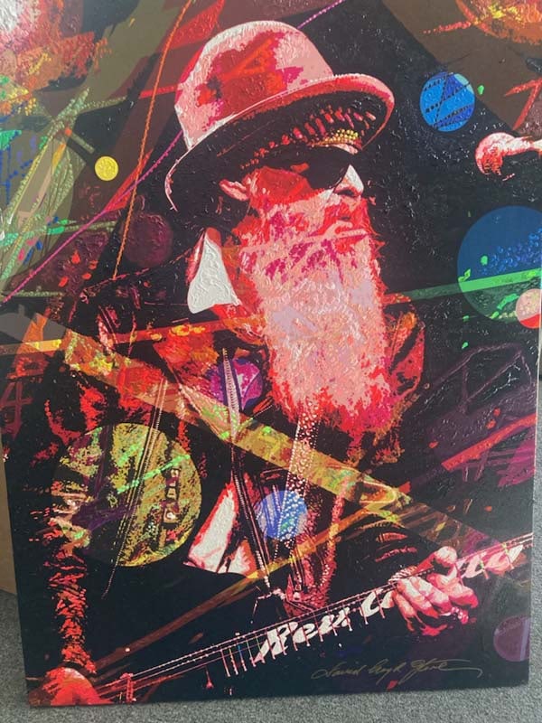 David Lloyd Glover (American 1949) ZZ Top Mixed Media Original Painting on canvas David Lloyd: Mixed media Original Painting on canvas by David Lloyd Glover. Hand signed by the artist. On canvas image size. Approx image size 18 x24 inches. Custom framed and includes certificate. Art Artwork Art