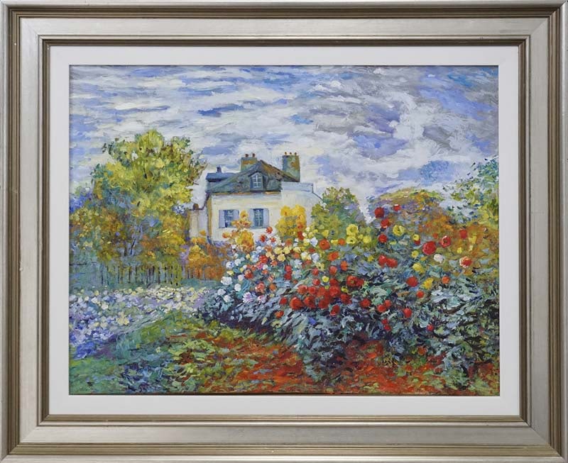 David Lloyd Glover (American 1949) oil painting on canvas Hommage to Claude Monet Garden at the: oil painting on canvas Hommage to Claude Monet Hand signed by David Lloyd Glover. Approx. 30 x 24 inches image size. Custom framed. Art Artwork Artist.