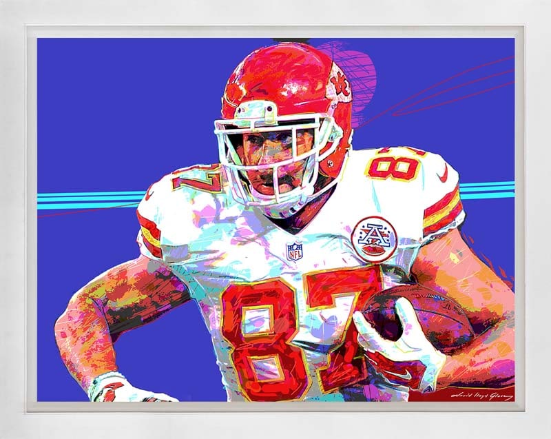David Lloyd Glover (American 1949) Travis Kelce 87 Mixed media Original Painting on canvas David: Mixed Media Original Painting on canvas David Lloyd Glover One of a kind. Hand signed by the artist. On canvas Approx image size 24 x18 inches Custom framed and includes Certificate. This work was pur