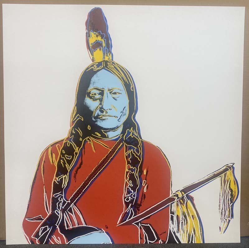 Andy Warhol (American 1928-1987) Screenprint Sitting Bull 1986 Serigraph: Andy Warhol (American 1928-1987) Andy Warhol Serigraph Sitting Bull 1986. 36x36 inches Approx. This is an unsigned working trial proof made outside the regular edition during the process of image deve