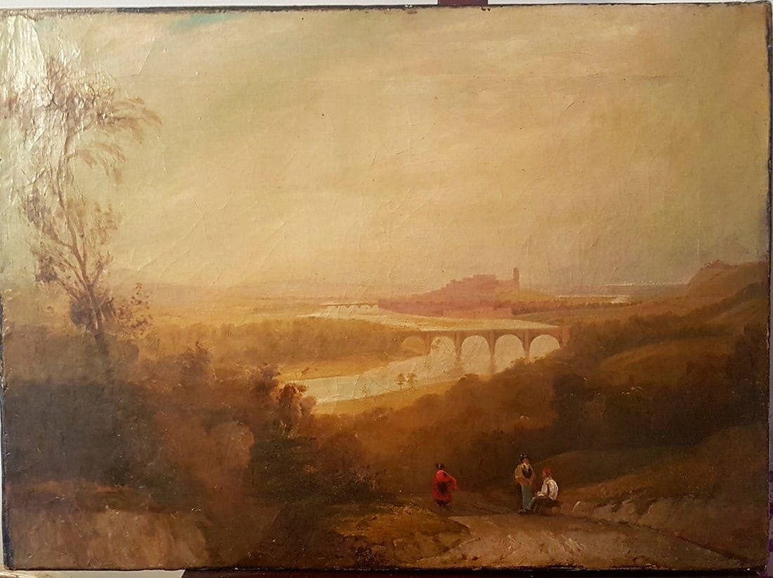 Characters and Bridge from 1950 circa oil painting on canvas: Artist: unknownTitle: Characters and Bridge from 1950 circa. oil painting on canvas 24x18 inches Year: circa 1850Technique: oil painting, canvasCondition: Good. You see some old restorations. Relined.