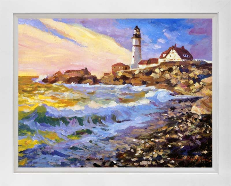 David Lloyd Glover (American 1949) Dawn breaks Cape Elizabeth Mixed Media Original Painting on: Mixed media on canvas by David Lloyd Glover Hand signed by the artist image size. Approx image size 18x24 inches. Custom framed and includes certificate. This work was purchased directly from the arti