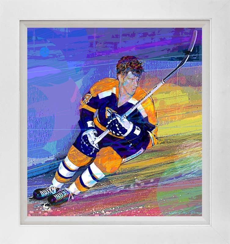 David Lloyd Glover (American 1949) Bobby Orr Boston Bruins Mixed Media original painting David: Bobby Orr Boston Bruins Mixed media on canvas by David Lloyd Glover Hand signed by the artist. On canvas. Approx image size 18x24 inches Custom framed and includes certificate. This work was purchased