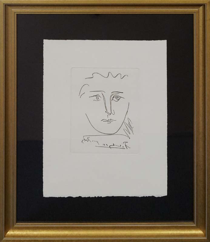 Pablo Picasso (Spanish 1881-1973) Etching Pour Roby: Pablo Picasso (Spanish 1881-1973) Etching embossed Pour Roby. Approx. 24 x 20 inches. Pablo Picasso's friend is Roby. Custom framed and includes certificate. Art Artwork Artist.