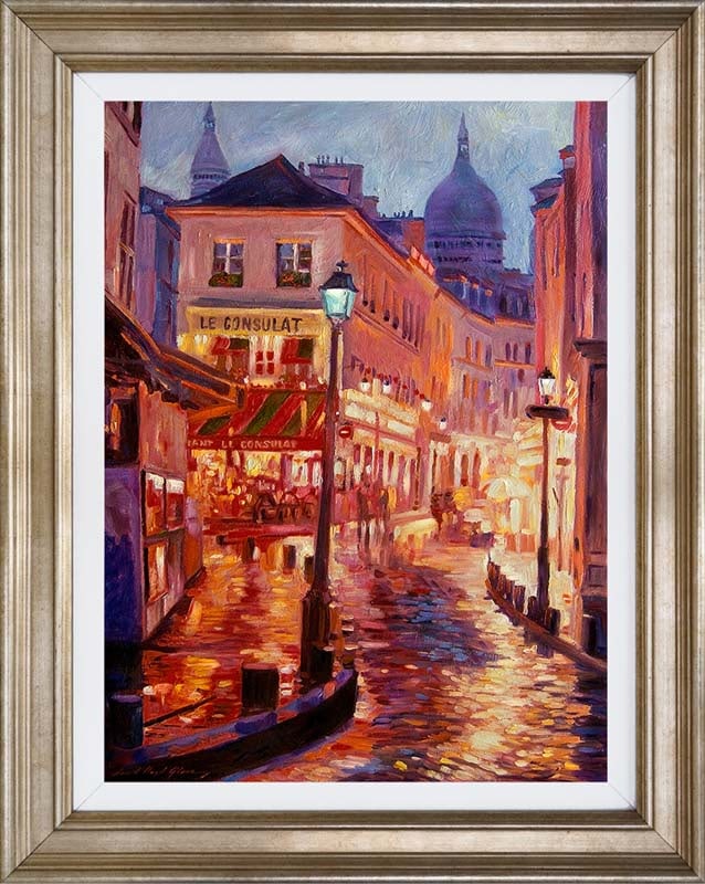 David Lloyd Glover (American 1949) Le Consulate Montmartre Hand Embellished Painting canvas by David: Le Consulate Montmartre Hand Embellished Painting on canvas by David Lloyd Glover Hand signed by the artist. On canvas image size Approx image size 18x24 inches. Custom framed and includes certificate