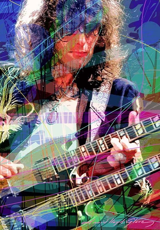 David Lloyd Glover (American 1949) Jimmy Page Hand Embellished Painting canvas David Lloyd Glover: Hand Embellished Painting on canvas Hand signed by the artist David Lloyd Glover On canvas. Approx image size 24 x18 inches. Custom framed and includes certificate. This work was purchased directly fr