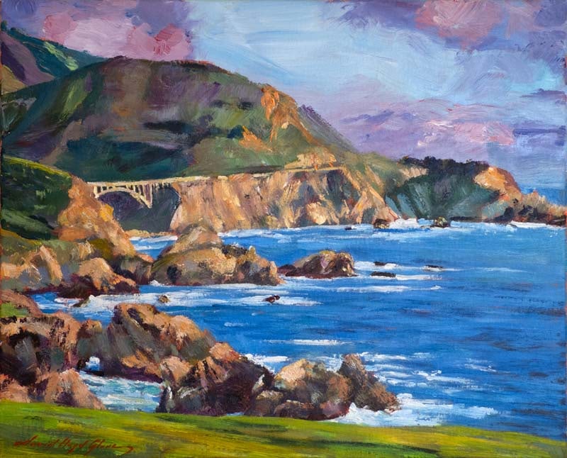 David Lloyd Glover (American 1949) Big Sur California Impressions Mixed Media Original by David: Mixed Media Original Painting on canvas David Lloyd Glover. One of a kind. Hand signed by the artist. On canvas. Approx image size 18x24 inches. Custom framed and includes certificate. This work was p