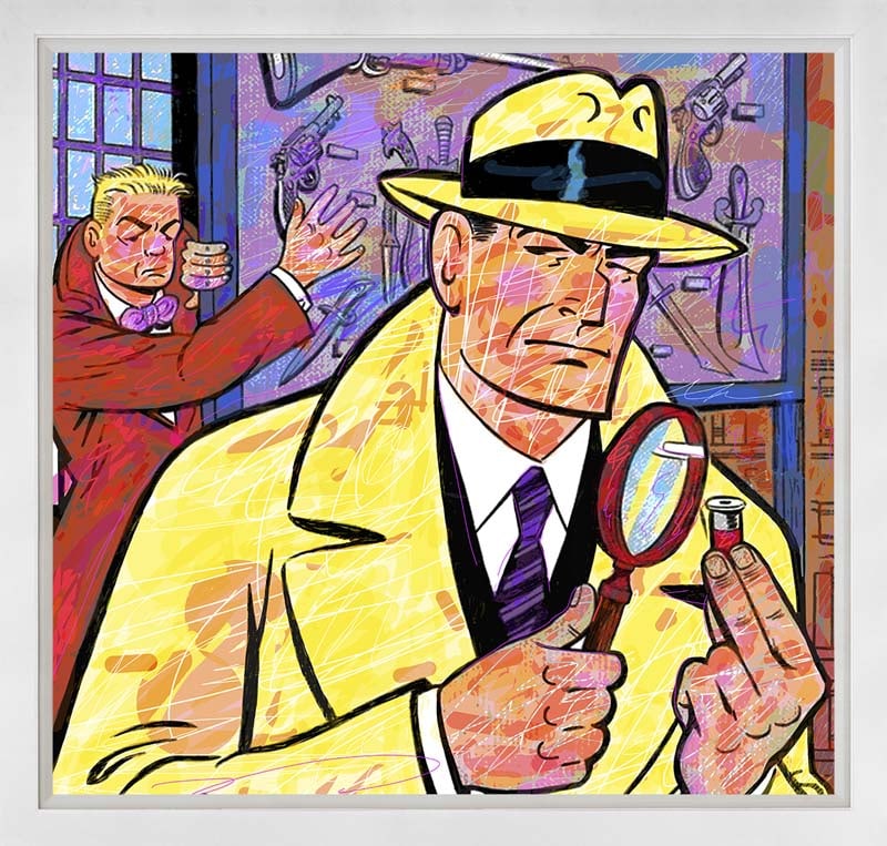 David Lloyd Glover (American 1949) Dick Tracy Original Mixed Media Painting on canvas by David Lloyd: Original Mixed Media Painting on canvas by David Lloyd Glover Hand signed by the artist. Custom framed and includes certificate from the artist. Approx 23x23 inches image size and 29x29 inches overall