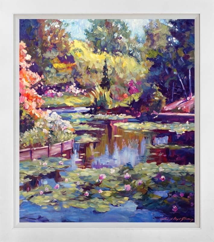 David Lloyd Glover (American 1949) Reflecting Pond Mixed Media Original Painting on canvas David: Mixed media Original Painting on canvas by David Lloyd Glover Hand signed by the artist. On canvas image size. Approx mage size 20 x 26 inches. Custom framed and includes certificate. This work was pu