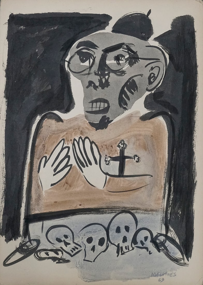 Manolo Millares (1926-1972) 1963 Original painting on paper 14x10 inches: Manolo Millares 1963 Original painting on paper 14x10 inches Provenance Private collection. Manolo Millares (b. 1926, Las Palmas, Canary Islands; d. 1972, Madrid, Spain), an important post-war Spanish