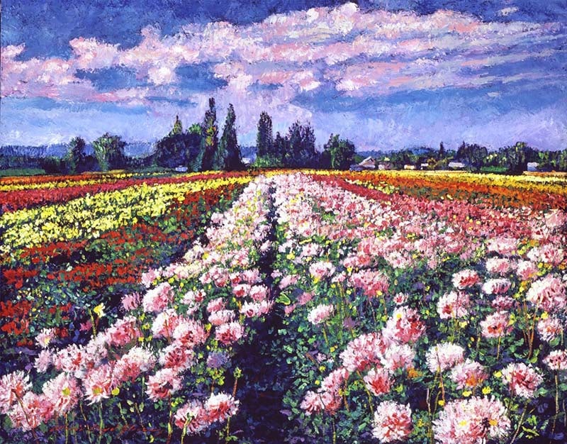 David Lloyd Glover (American 1949) Field of Dahlias Original Mixed Media Painting on canvas David: Mixed media on canvas by David Lloyd Glover Hand signed by the artist. On canvas image size. Approx image size 18x24 inches. Custom framed and includes certificate. This work was purchased directly fr