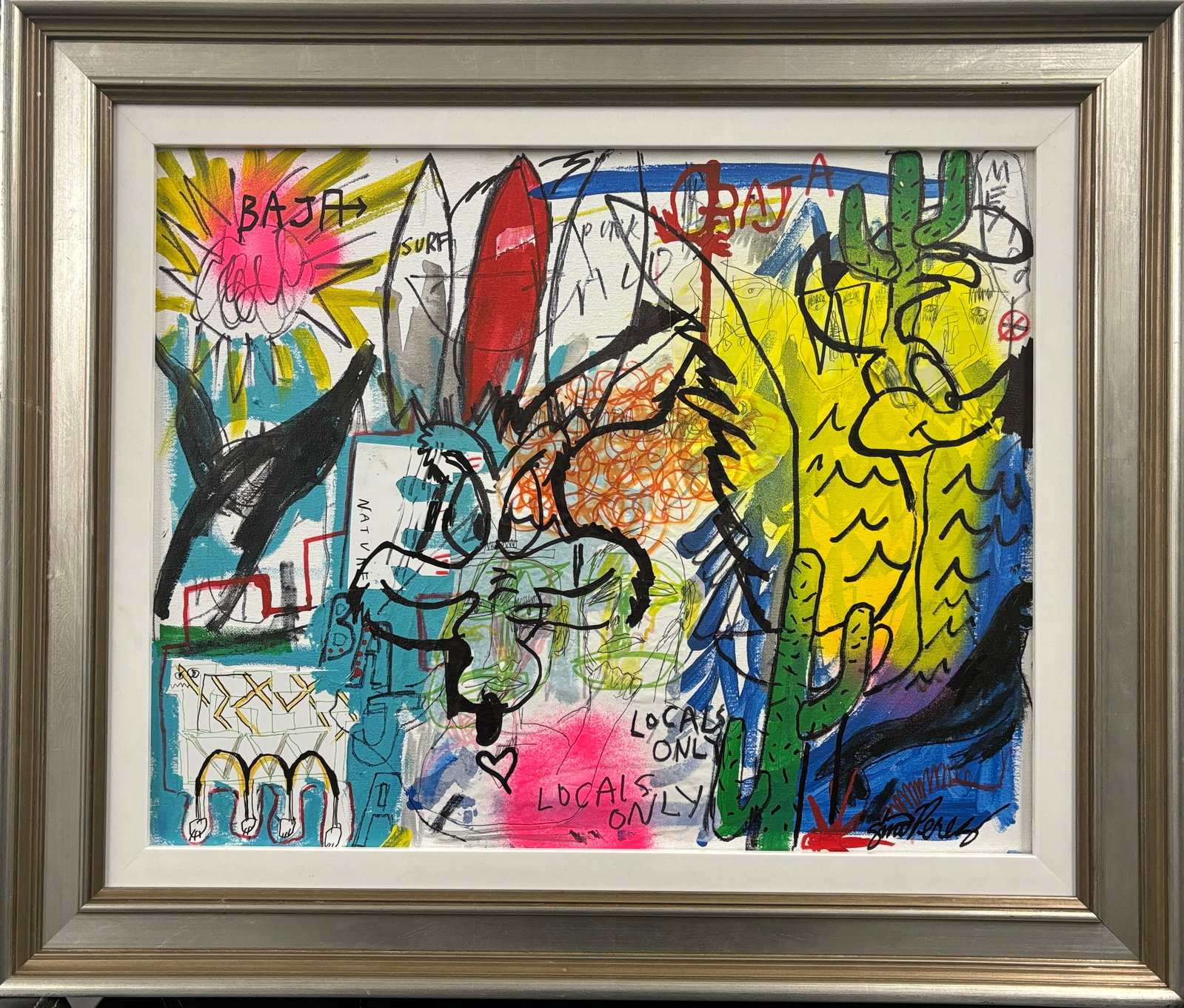 Gino Perez (Mexican-American 1977) Original Painting with Collage: Gino Perez (Mexican-American 1977) Original Painting on canvas with Collage. 16 x 20 approx image size. Certificate of Authenticity included. Custom framed. Art Artwork Artist.