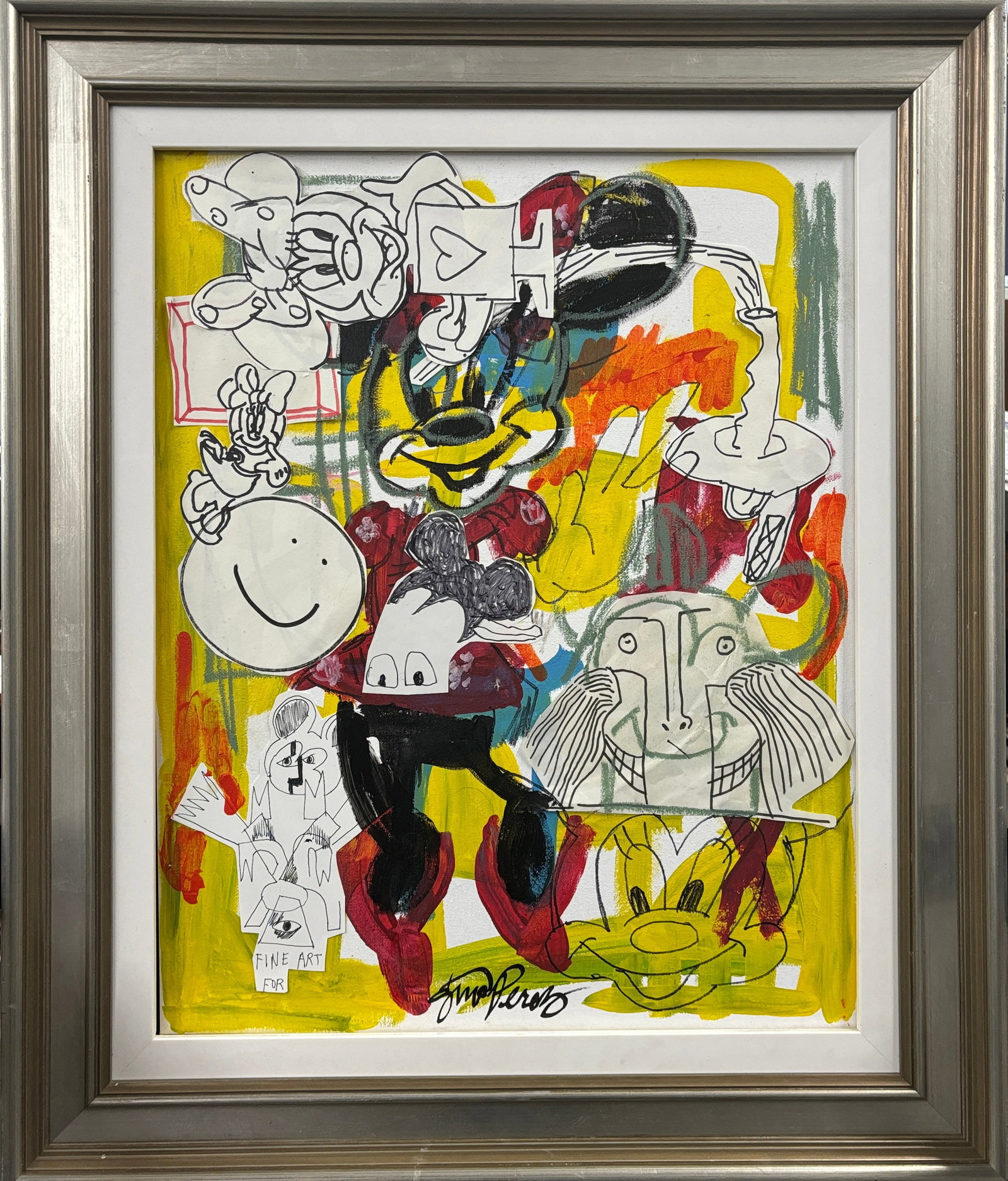 Gino Perez (Mexican-American 1977) Original Painting with Collage: Gino Perez (Mexican-American 1977) Original Painting on canvas with Collage. 16 x 20 approx image size. Certificate of Authenticity included. Custom framed. Art Artwork Artist.