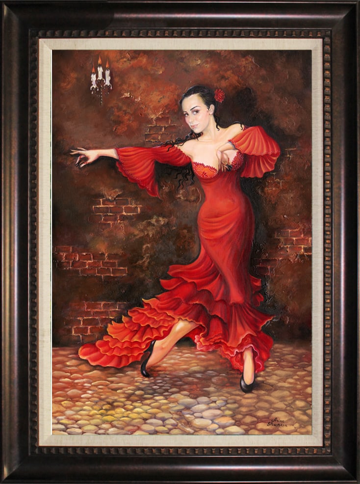 Arina Hand Embellished Painting on canvas Spanish dancer in Red: Arina Hand Embellished Painting on canvas artist proof Hand signed by the artist. 26 x 36 approx. Includes certificate of authenticity. Professionally framed. Art Artwork Artist.