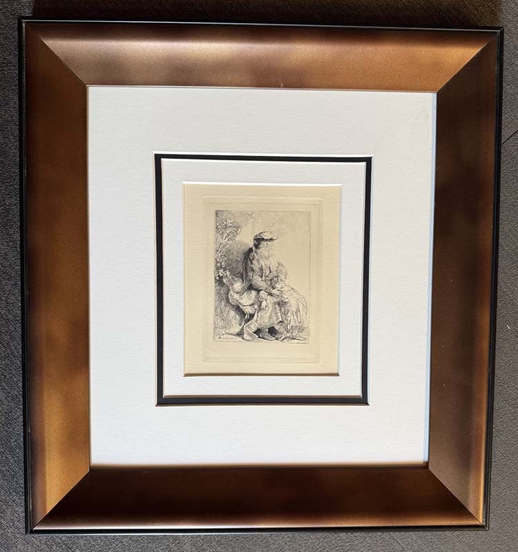 Rembrandt (Dutch, 1606-1669) Etching from the original copper plates created by Amand Durand: Rembrandt (Dutch, 1606-1669) Hand pulled-etching from the original copper plates restored by Amand-Durand (1831-1905) after Rembrandt. Date of original 1650. Approx frame size 20x22 inches. Certificat