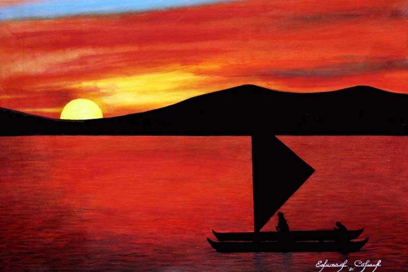 Original oil by Eddie Colaric on canvas Red Sunset Outrigger: Original oil by Eddie Colaric on canvas Red Sunset Dancer Approx 30x20 inches. Includes certificate of authenticity. Art Artwork Artist.