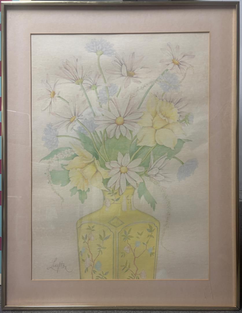 Langston Still life flowers watercolor painting: Vintage original still life watercolor painting 1970"s Beautiful soft colors has an original vintage frame 23X17