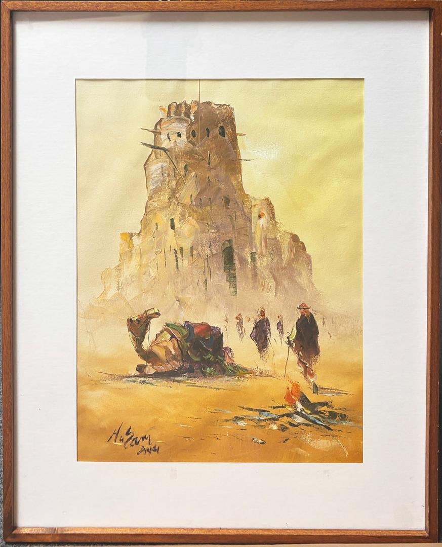 Orientalist desert original painting: Vintage original Orientalist painting of a desert with traveling camels Beautiful vibrant colors with original frame 21X17