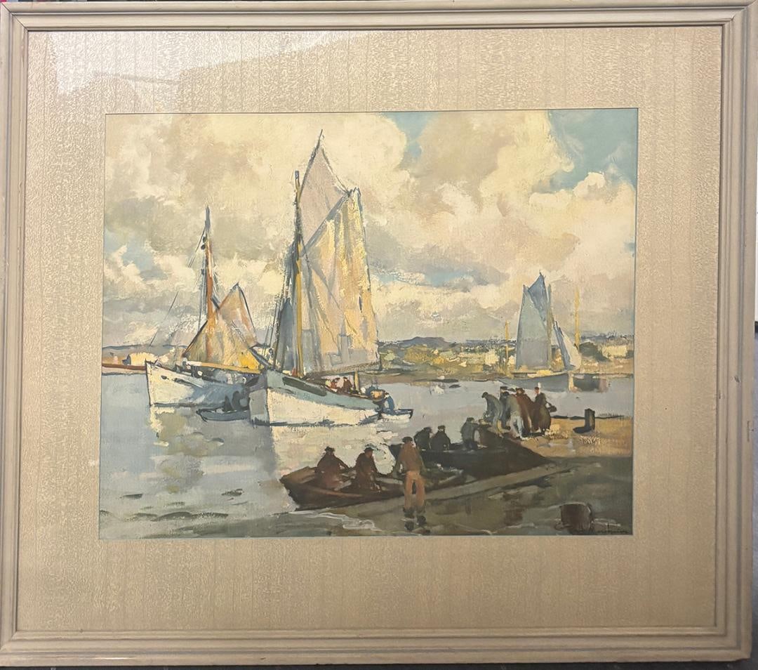 Vintage pastel watercolor of harbor seashore and fisherman Paul Morchain: Vintage pastel watercolor of harbor seashore and fisherman 20X16 inches with original frame