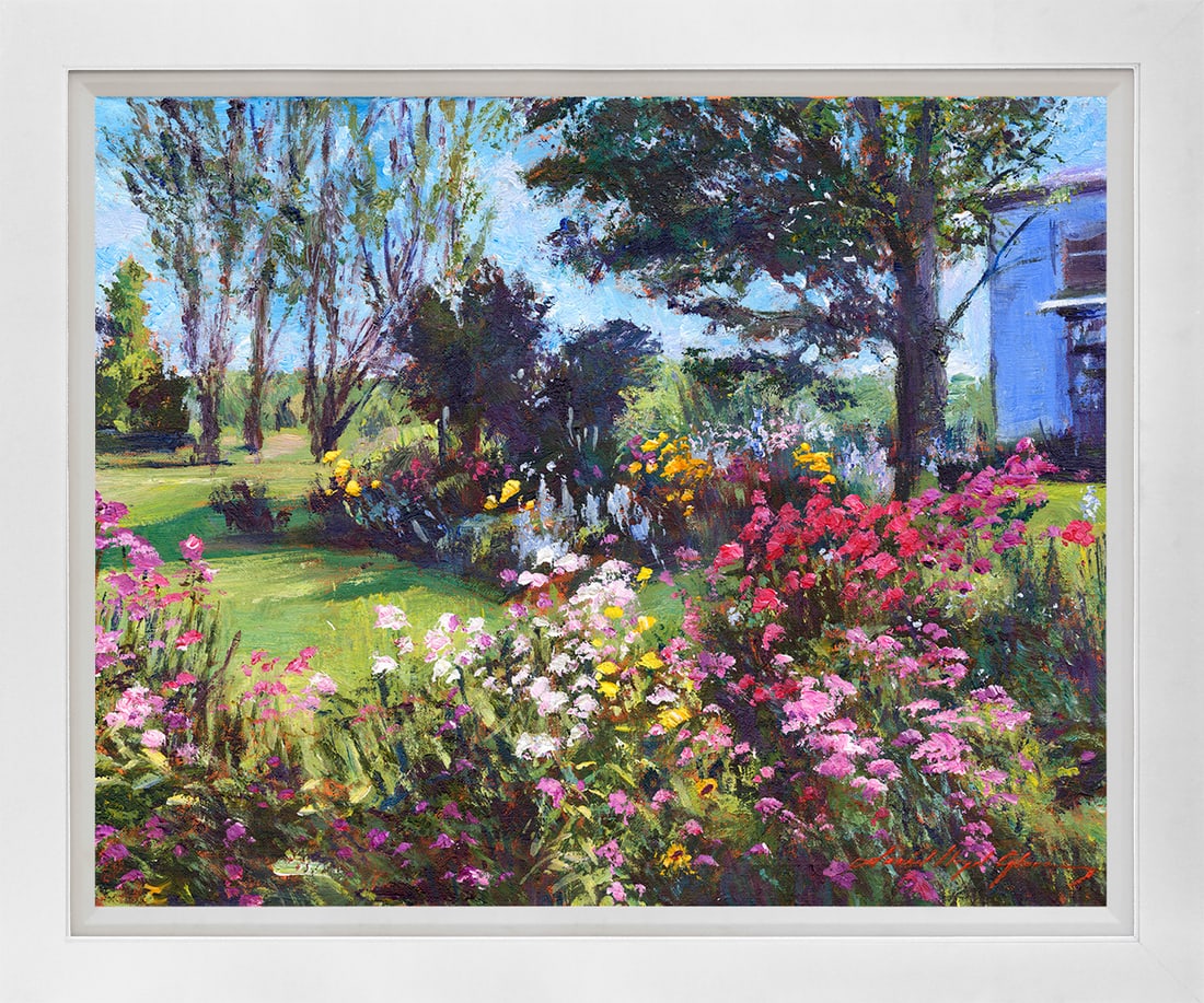 David Lloyd Glover (American 1949) Garden of the Country Life Original Mixed Media Painting on: Original Mixed Media Painting Painting on canvas by David Lloyd Glover One of a kind original Hand signed by David Lloyd Glover Approx 22x26 inches Custom framed and includes certificate of authentici