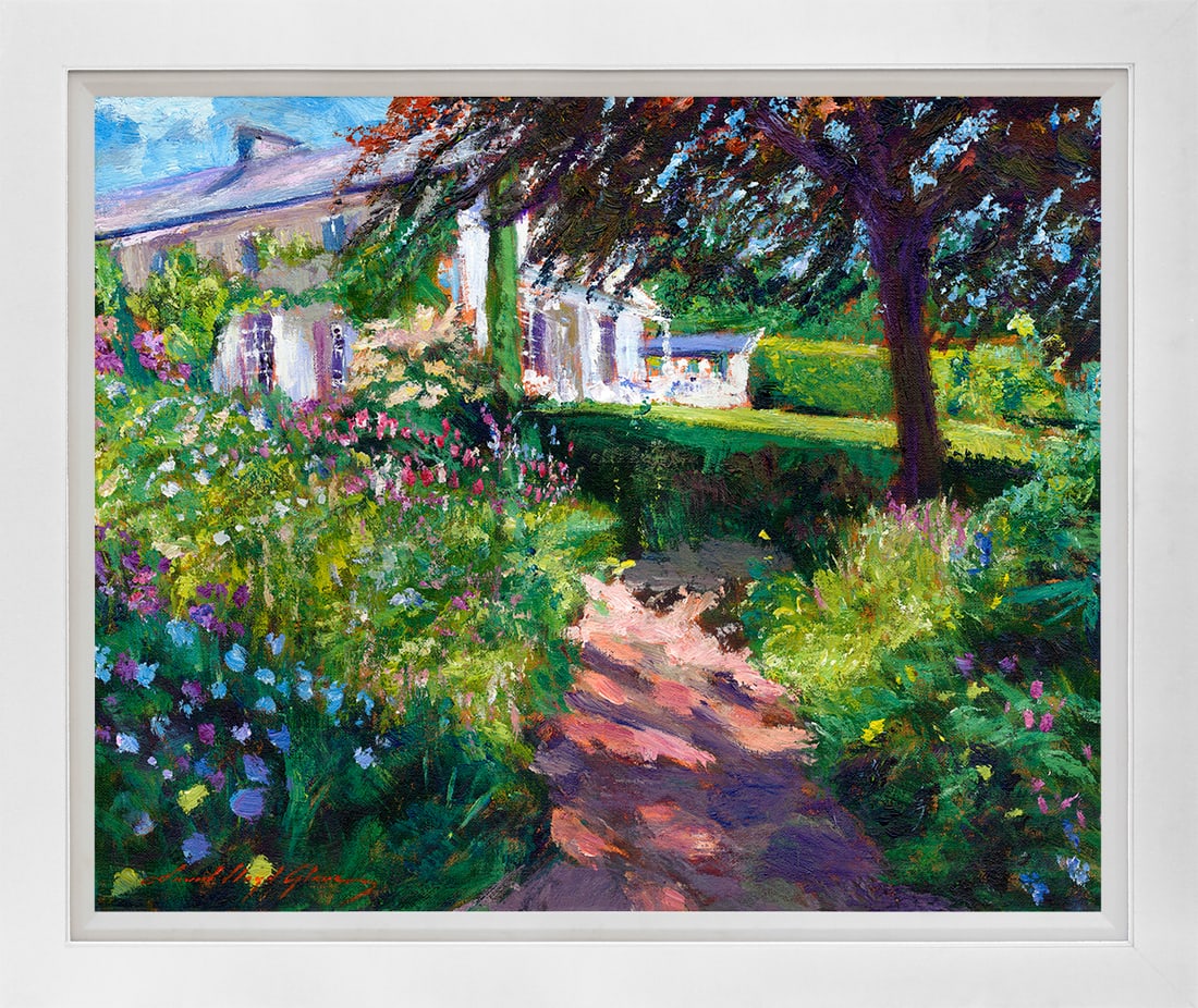 David Lloyd Glover (American 1949) Garden at the Summer House Original Mixed Media Painting on: Original Mixed Media Painting on canvas by David Lloyd Glover One of a kind original Hand signed by David Lloyd Glover Approx 22x26 inches Custom framed and includes certificate of authenticity. Artwo
