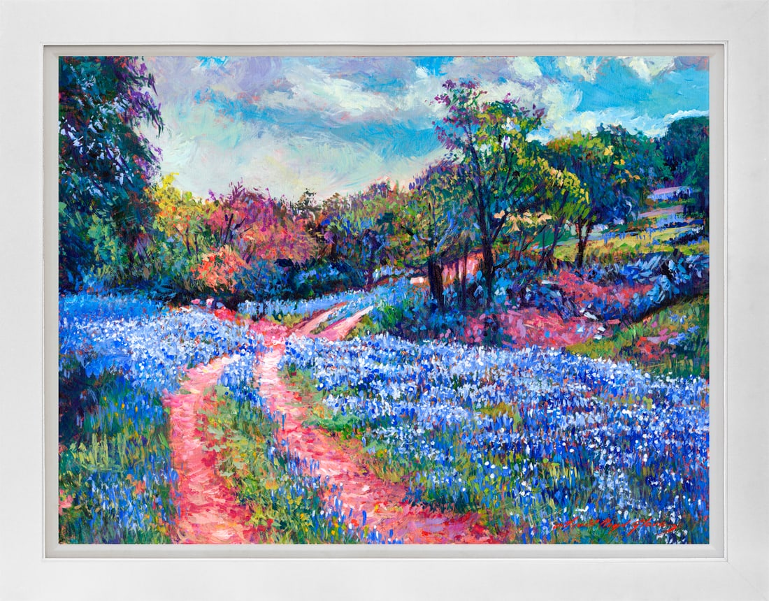 David Lloyd Glover (American 1949) Texas Bluebonnets Original Mixed Media Painting on canvas by: Original Mixed Media Painting on canvas by David Lloyd Glover One of a kind original Hand signed by David Lloyd Glover Approx 30x24 inches Custom framed and includes certificate of authenticity. Artwo