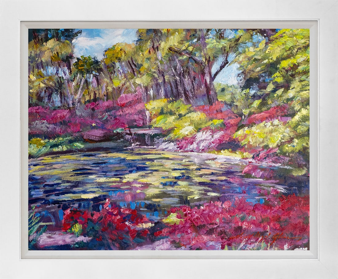 David Lloyd Glover (American 1949) Reflecting Pond with Spring Azaleas by David Lloyd Glover Mixed: Mixed Media Original Painting on canvas David Lloyd Glover. One of a kind. Hand signed by the artist. On canvas Approx image size 18x24 inches Custom framed and includes certificate. This work was pur