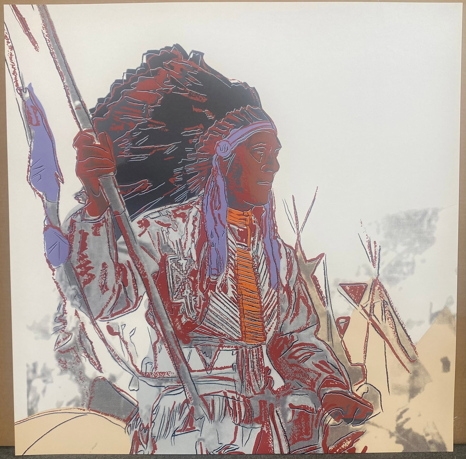 Andy Warhol (American 1928-1987) Screenprint War Bonnet 1986 36x36 inches Serigraph: Andy Warhol (American 1928-1987) Andy Warhol Serigraph War Bonnet 1986 36x36 inches approx. This is an unsigned working trial proof made outside the regular edition during the process of image develop