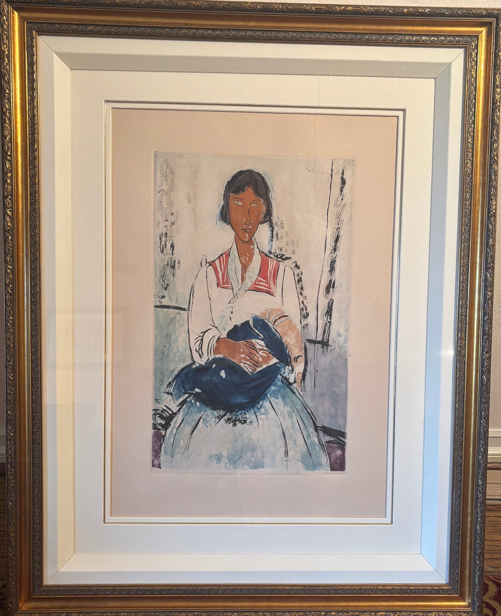 Modigliani Aquatint Etching from 1926-27 The Italian Lady.: Modigliani Aquatint Etching from 1926-27 The Italian Lady. Bears Master printmaker's signature of Jacques Villon Approx 19x13 inches image size Signed in the stone by the artist. This comes framed. ap