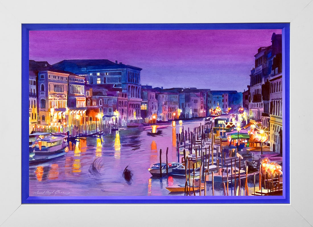 David Lloyd Glover (American 1949) Venice Twilight Hand Embellished Painting canvas by David Lloyd: Venice Twilight Hand Embellished Painting on canvas by David Lloyd Glover Hand signed by the artist. On canvas. Approx 30x24 inches Custom framed and includes certificate. This work was purchased dire