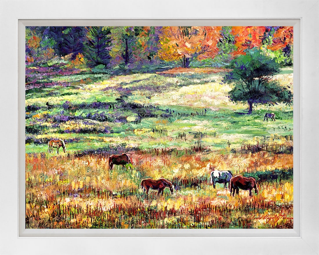 David Lloyd Glover (American 1949) Wild Horse Ranch mixed media Original Painting on canvas David: Mixed media on canvas by David Lloyd Glover Hand signed by the artist. On canvas image size. Approx image size 18x24 inches. Custom framed and Includes Certificate. This work was purchased directly fr