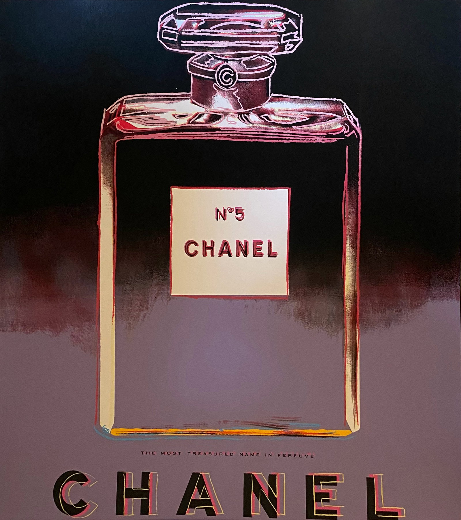 Andy Warhol (American 1928-1987) Screenprint Chanel 1985 Serigraph: Andy Warhol (American 1928-1987) Chanel Andy Warhol Serigraph Screen print and Colophon. 1985. Approx 38 x 38 inches. This proof was made outside the regular edition during the process of image develo