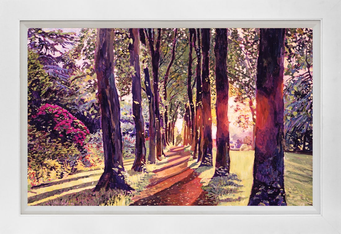 David Lloyd Glover (American 1949) A Walk in the Forest Mixed Media Original Painting on canvas by: Mixed media on canvas by David Lloyd Glover Hand signed by the artist. One of a kind original. On canvas image size. Approx image size 18x24 inches. Custom framed and includes certificate. This work w
