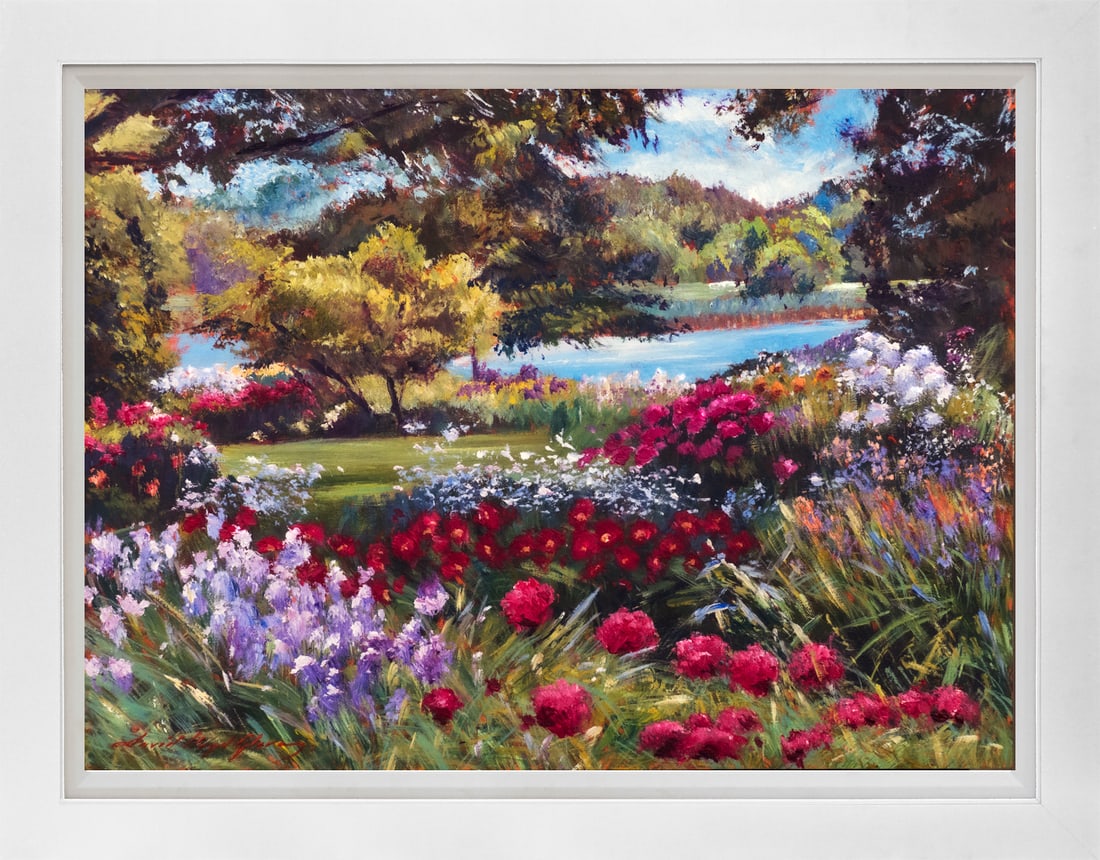 David Lloyd Glover (American 1949) Mixed Media Original Painting on canvas Spring Flowers at the: Mixed media on canvas by David Lloyd Glover Hand signed by the artist. On canvas image size. Approx image size 18x24 inches. Custom framed and includes certificate. Art Artwork Artist.