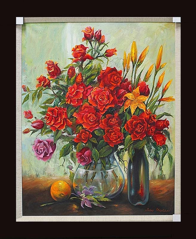 Arina Original Mixed Media Painting Painting Roses with Orange and Bottle: Arina-Roses with Orange and Bottle. Original Mixed Media Painting Painting Hand signed by the artist. 24 x 30 approx. Includes certificate of authenticity custom framed. This work was purchased direct