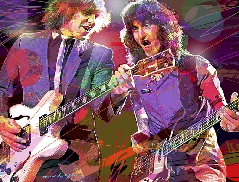 David Lloyd Glover (American 1949) Alex Lifeson Geddy Lee Rush Original Mixed Media Painting on: Mixed media on canvas by David Lloyd Glover Hand signed by the artist. Approx image size 18x24 inches. Custom framed and includes certificate. This work was purchased directly from the artist. Art Art