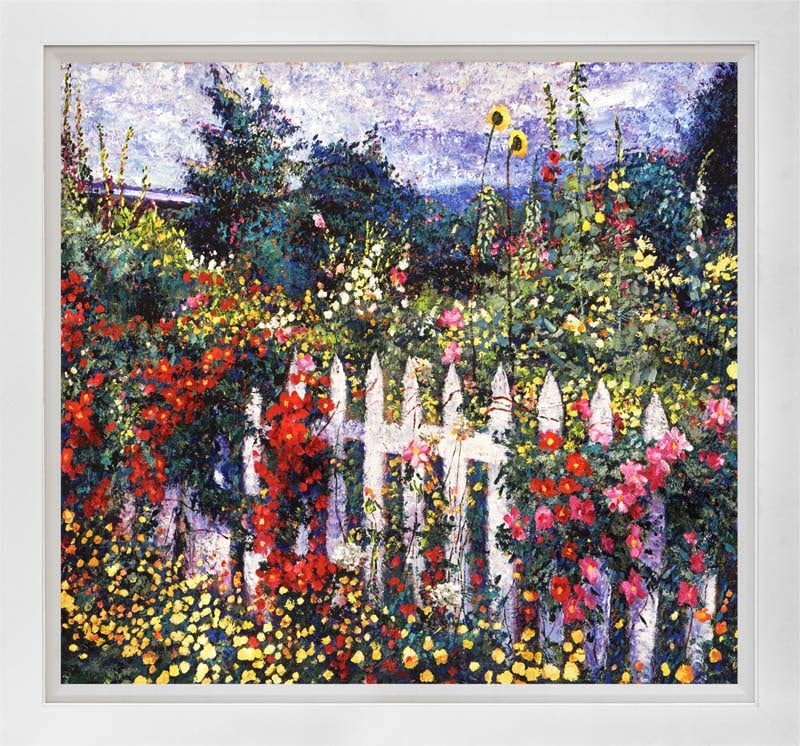 David Lloyd Glover (American 1949) White Picket Fence Mixed Media Original Painting on canvas by: Mixed media on canvas by David Lloyd Glover Hand signed by the artist. On canvas image size. Approx image size 18x24 inches. Custom framed and includes certificate. This work was purchased directly fr