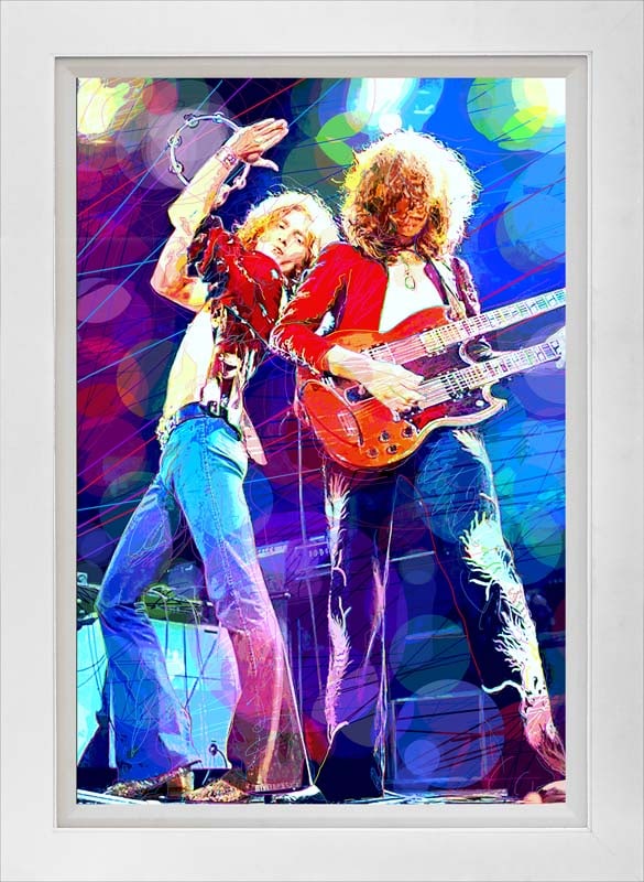 David Lloyd Glover (American 1949) Hammer of the Gods Jiimmy Page and Plant Mixed media on canvas by: Hammer of the Gods Jimmy Page and Plant Mixed media on canvas by David Lloyd Glover. Hand signed by the artist. On canvas. Approx image size 18x24 inches. Custom framed and includes certificate. This 