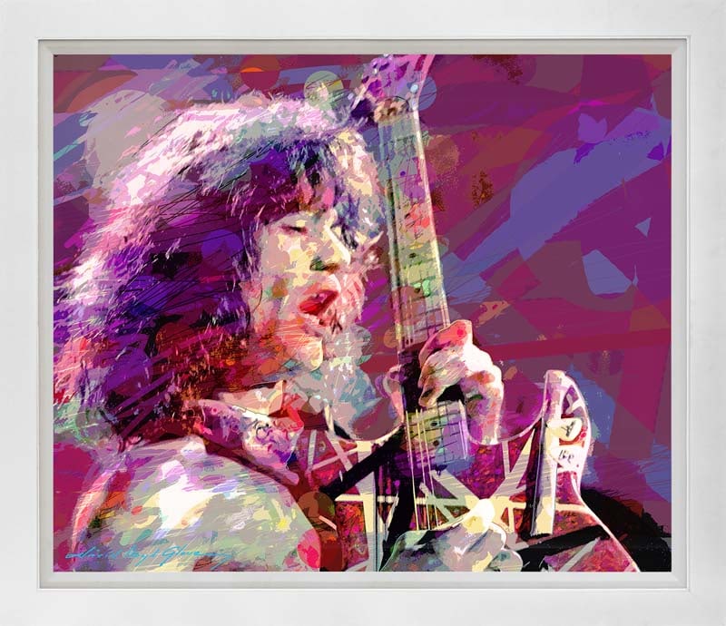 David Lloyd Glover (American 1949) Eddie Van Halen Shreds Mixed Media Original Painting on canvas: Mixed media on canvas by David Lloyd Glover Hand signed by the artist. On canvas image size. Approx image size 18 x 24 inches. Custom framed and includes certificate. Art Artwork Artist.