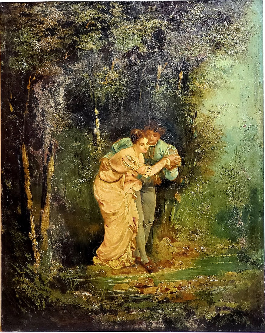 Emile Vernon. French (1872-1919) oil on wood Attributed to Emile Vernon. Technique: painting /on: old painting romantic scene Emile Vernon. French 1872-1919. Artist/ Attributed to Emile Vernon. Technique: painting / wood. Measures 41cm x 33cm (16 in x 13 in ) unframedBiography-Emile Vernon Born: 1