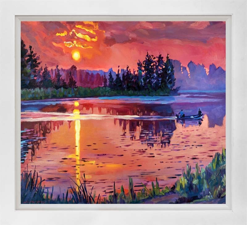 David Lloyd Glover (American 1949) Trout Lake at Dawn Mixed Media Original Painting on canvas by: Mixed media on canvas by David Lloyd Glover Hand signed by the artist. On canvas image size. Approx image size 18x24 inches. Custom framed and includes certificate. This work was purchased directly fr