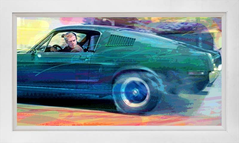 David Lloyd Glover (American 1949) Bullitt Mustang Hand Embellished Painting on canvas by David: Bullitt Mustang Hand Embellished Painting on canvas by David Lloyd Glover Hand signed by the artist. On canvas image size. Approx image size 18x24 inches. Custom framed and includes certificate. This 