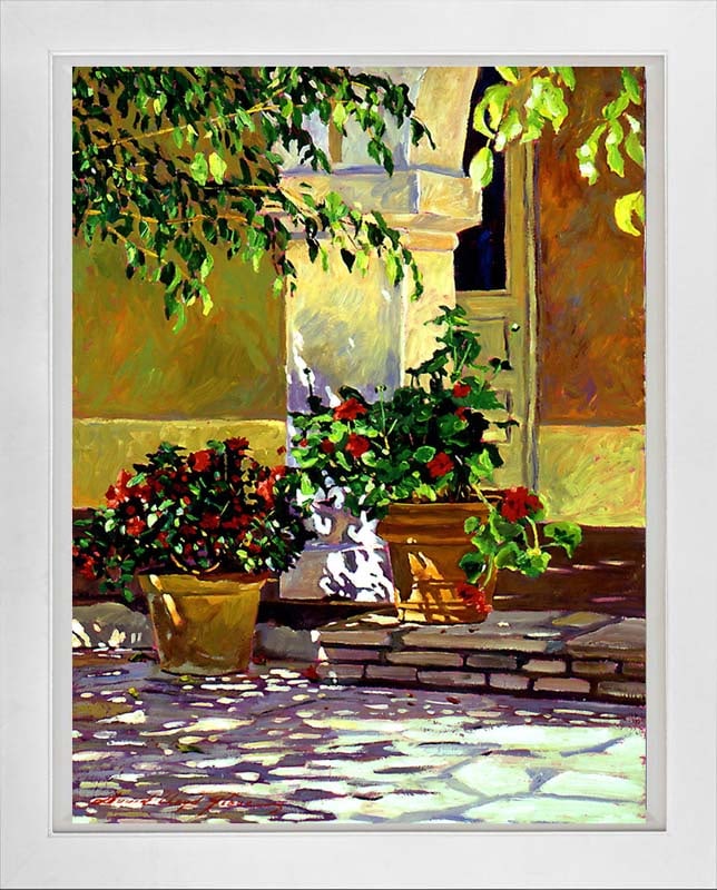 David Lloyd Glover (American 1949) Geranium Courtyard Serigraph Limited Edition on paper by David: Limited Edition Serigraph hand signed and numbered by David Lloyd Glover. Hand signed by the artist. Approx image size 30x24 inches. Custom framed and includes certificate. This work was purchased