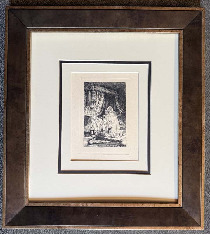 Rembrandt (Dutch, 1606-1669) Etching from the original copper plates created by Amand Durand: Rembrandt (Dutch, 1606-1669) Hand pulled-etching from the original copper plates restored by Amand-Durand (1831-1905) after Rembrandt. Date of original 1650. Approx frame size 20x22 inches. Certificat