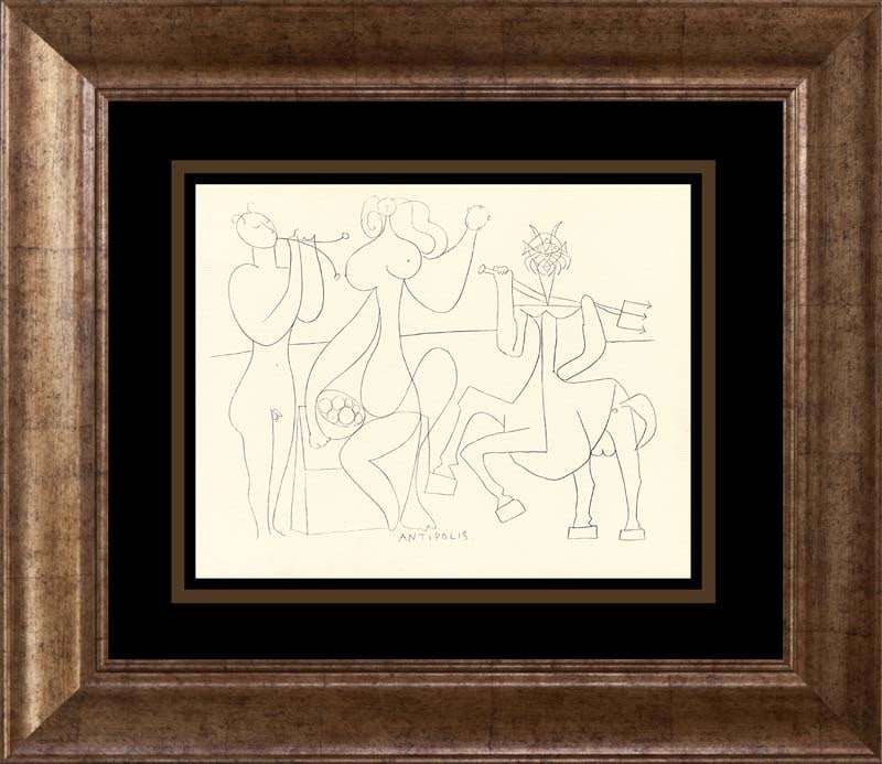 Picasso (Spanish 1881-1973) Antibes Lithograph c. 1960 Mythical designs: Pablo Picasso (Spanish 1881-1973) Pablo Picasso Antibes Lithograph from 1960. Mythical designs. Approx. 20x24 inches. Professionally framed. Includes certificate of authenticity. Art Artwork Artist.