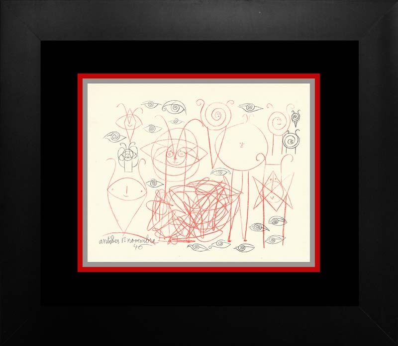 Picasso (Spanish 1881-1973) Antibes Lithograph c. 1960 Mythical designs: Pablo Picasso (Spanish 1881-1973) Pablo Picasso Antibes Lithograph from 1960. Mythical designs. Approx. 20x24 inches. Professionally framed. Includes certificate of authenticity. Art Artwork Artist.