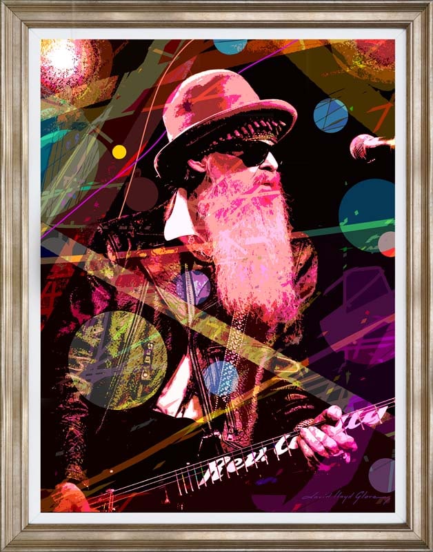 David Lloyd Glover (American 1949) Billy Gibbons ZZ Top Limited Edition Hand Embellished Painting: Hand Embellished Painting on canvas by David Lloyd Glover Hand signed by the artist. On canvas image size. Approx 30x24 inches. Custom framed. Includes Certificate of Authenticity. Art Artwork Artist.