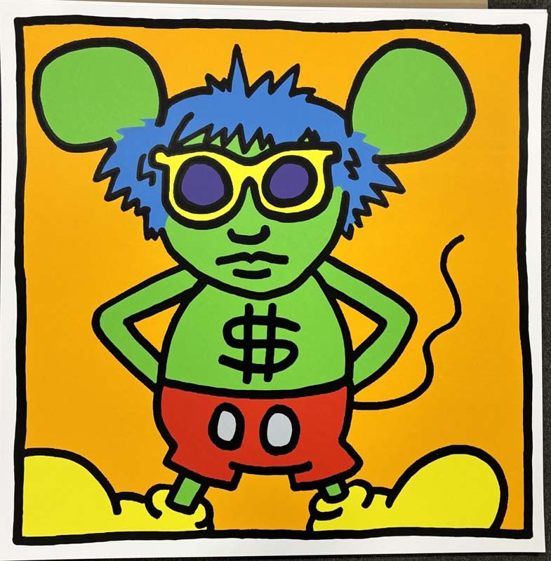 Keith Haring (American 1958-1990) Silkscreen Serigraph Andy Mouse 1986: Keith Haring (American 1958-1990) Silkscreen Serigraph Andy MouseKeith Haring Andy Mouse Serigraph from 1986 approx 38x38 inches Silkscreen in colors on museum board Working Trial Proof Includes certi