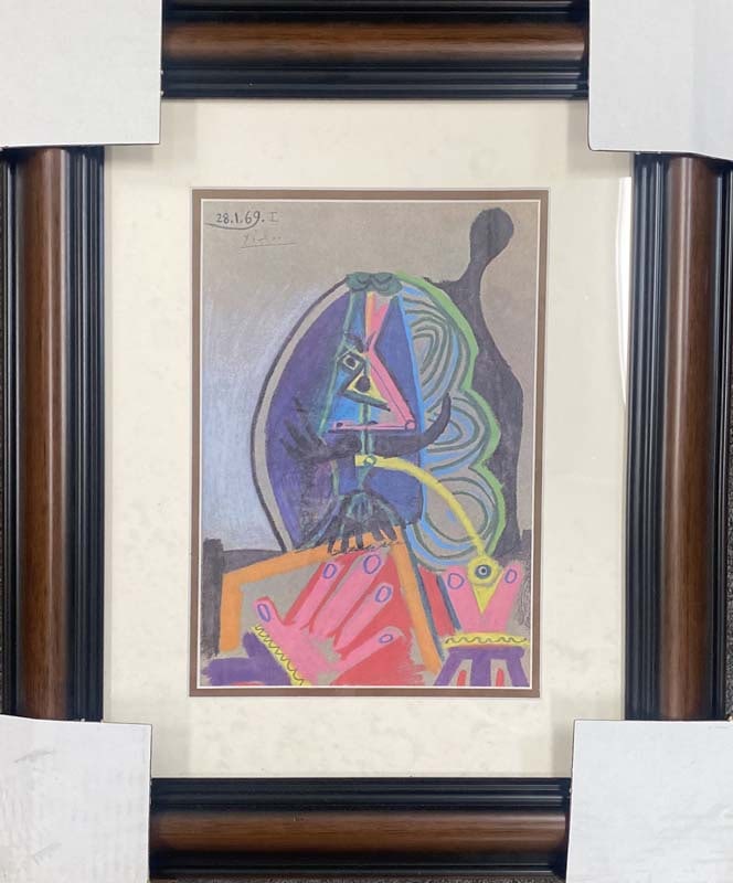 Pablo Picasso (Spanish 1881-1973) Color Plate Lithograph from 1970: Pablo Picasso (Spanish 1881-1973) color plate Lithograph from 1970 and signed in the plate. Custom framed and includes documentation. Approx 22x20 inches. Art Artwork Artist.