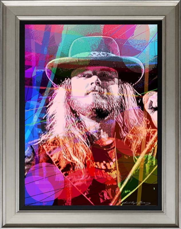 David Lloyd Glover (American 1949) Ronnie Van Zant Mixed Media Original painting by David Lloyd: Ronnie Van Zant Mixed media on canvas by David Lloyd Glover. One of a kind. Hand signed by the artist. On canvas. Approx image size 18 x 24 inches. Custom framed and includes certificate. Art Artwork 